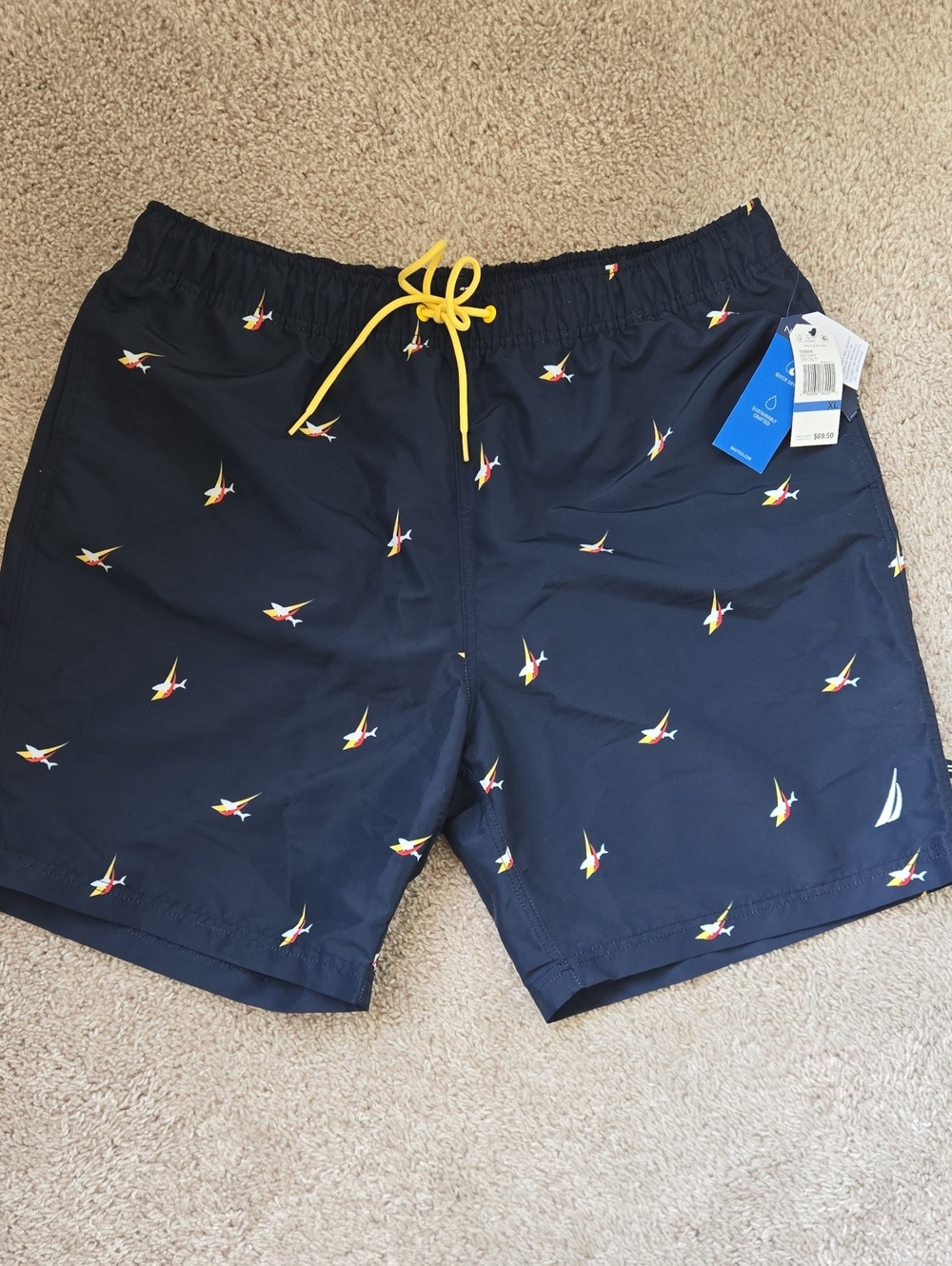 Men's Navy Swim Trunks with Yellow Drawstring